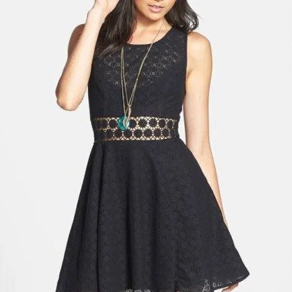 Free People Daisy Waist Crochet Fit and Flare Mini Dress in Black, size 6